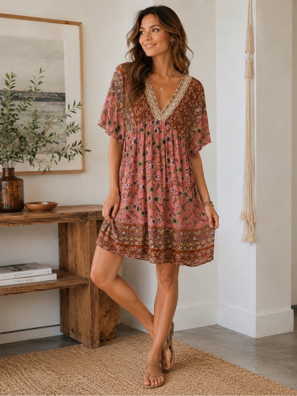 GIGO Boho Floral Lace Trim Midi Dress Pink Brown Medium